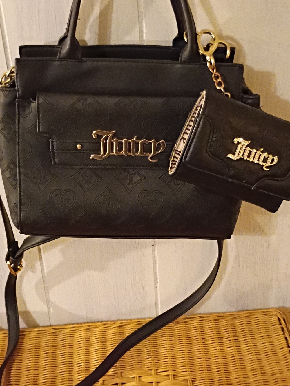 Juicy Couture Black Quilted Logo Satchel with Gold Hardware and Matching Wallet